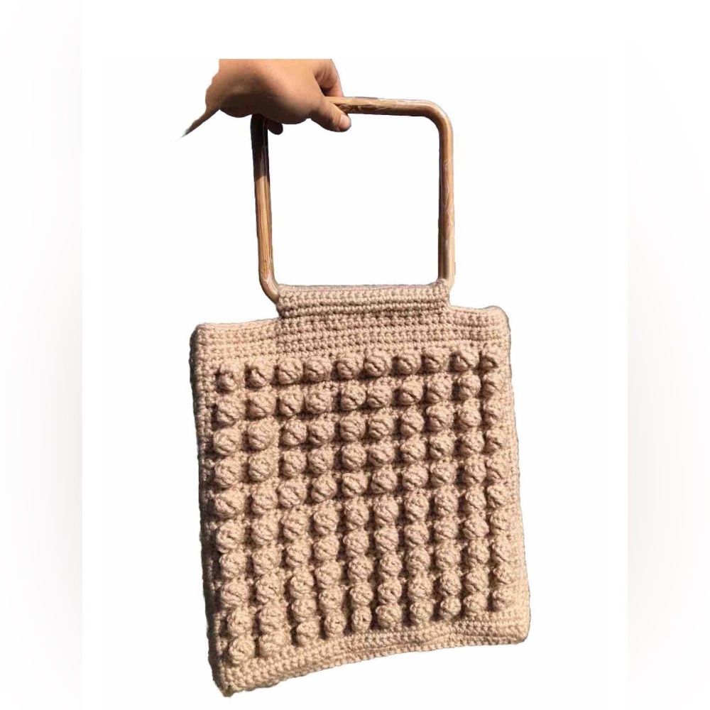 Crochet Knit Beige Purse MARBELLA Square Marble Lucite Handles Floral Liner